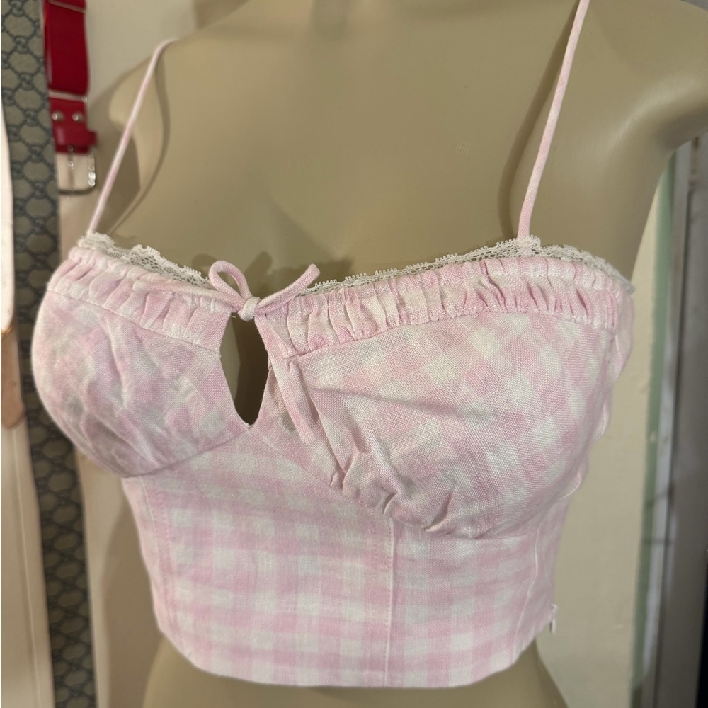LoveShackFancy Pink Gingham Lace-Trim Crop Top